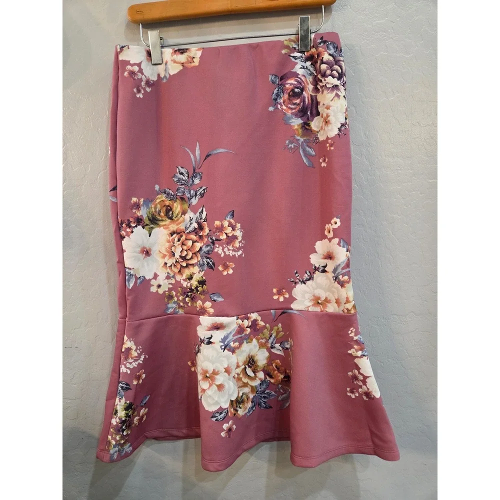 Haute Monde Mauve Floral‎ Trumpet Mermaid Midi Skirt Large HMS40072-U106